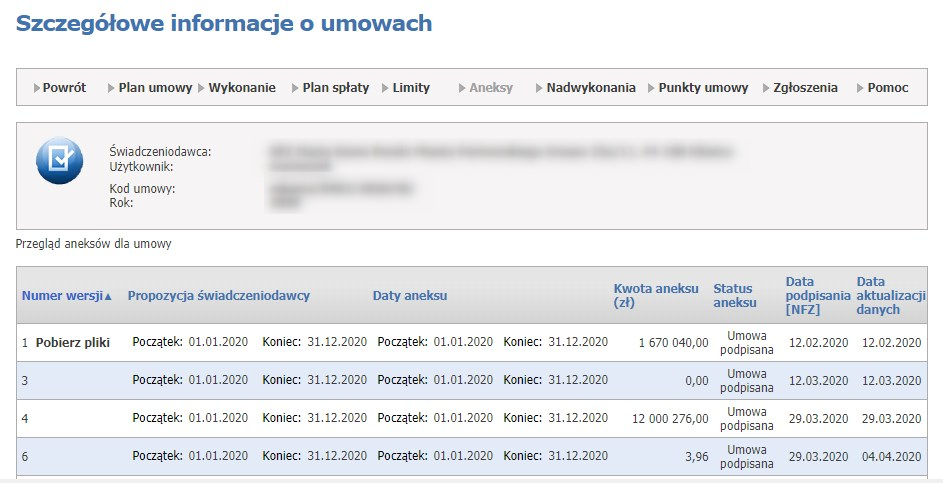 Obsługa okien > Umowy na realizację świadczeń > Moje umowy > Szczegóły