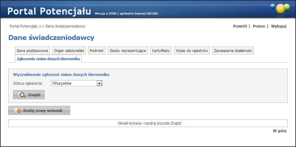 Zakładka Zgłoszenia zmian danych kierownika Zakładka Zgłoszenia zmian danych kierownika